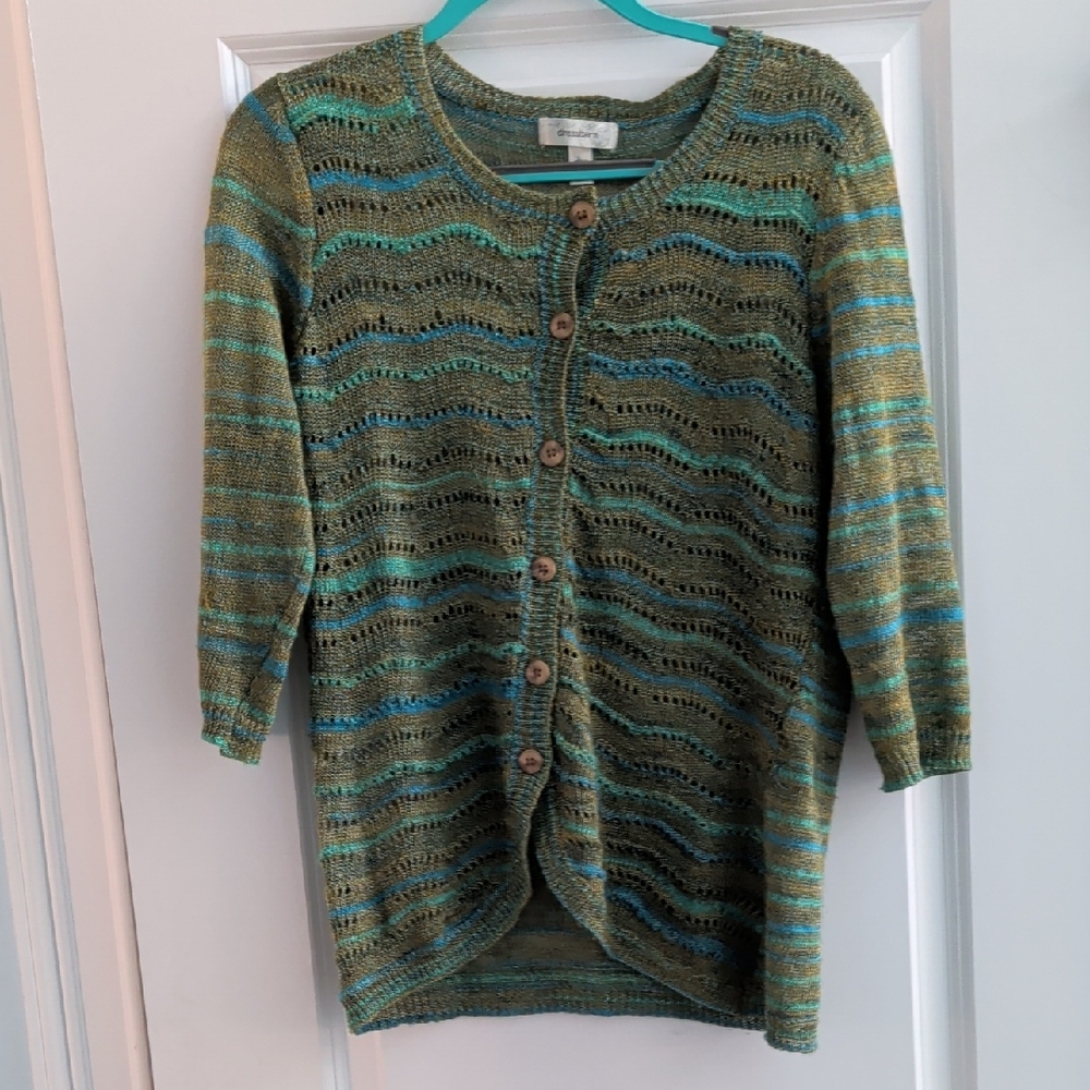 Dress Barn Olive and Teal Striped Cardigan